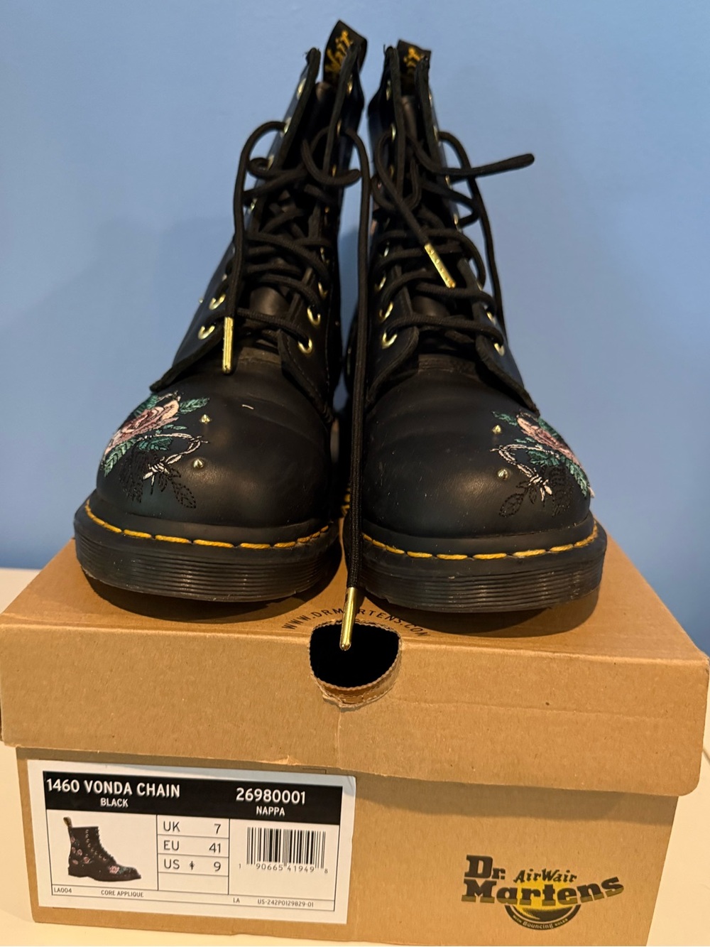 Dr. Martens Black Leather Lace-Up Boots with Floral Toe Embroidery
